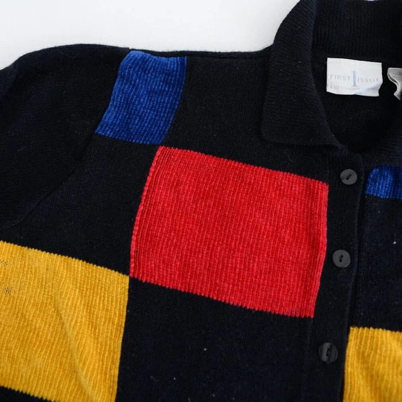 Vintage  Liz Claiborne Black Primary Color Colorblock Button Cardigan Sweater XL - Picture 11 of 12